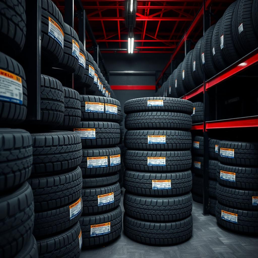 Racks of new premium tyres in stock at the Catford shop